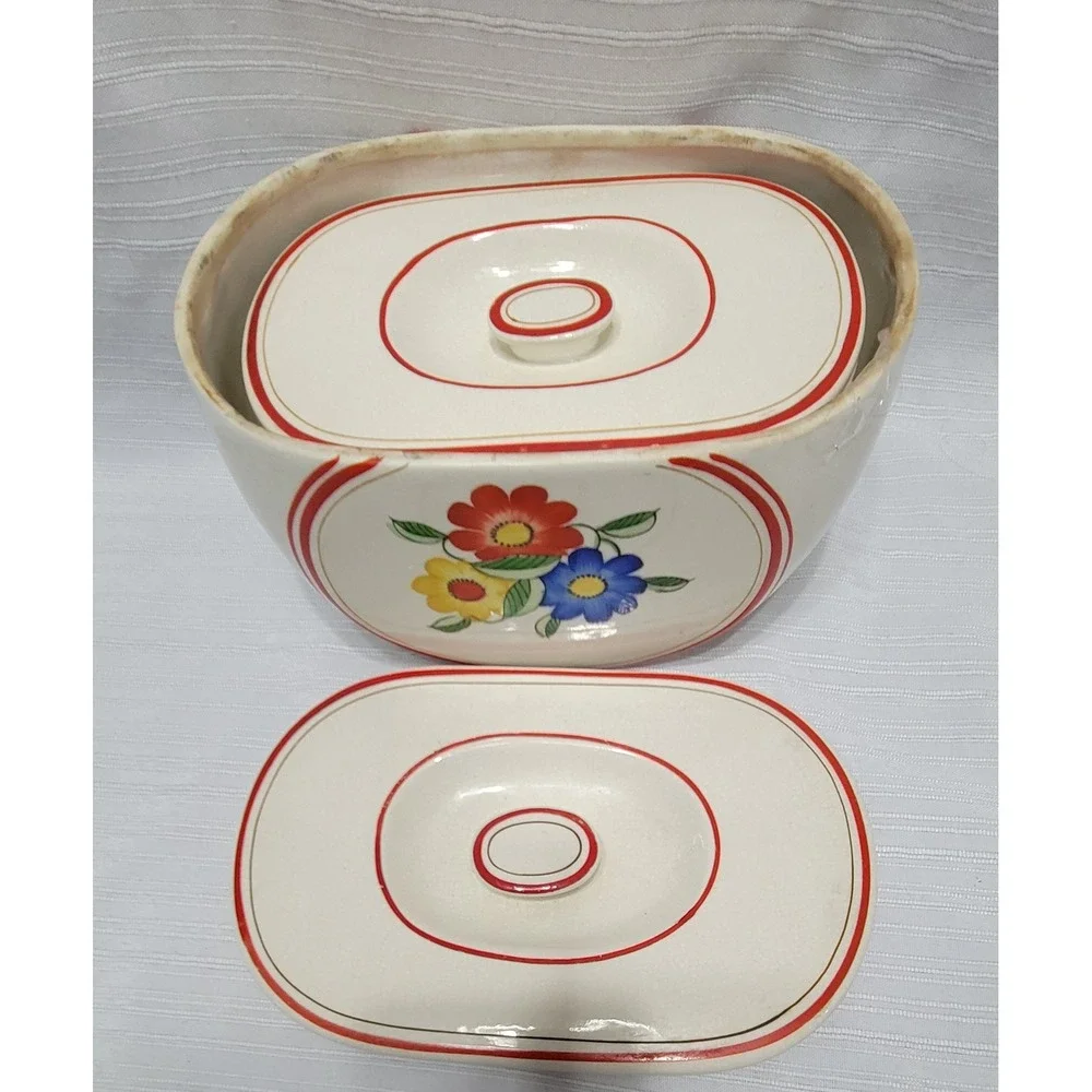 Vintage Floral Ceramic Nesting Canister Set 7pc Cream Red Blue Yellow Shaker